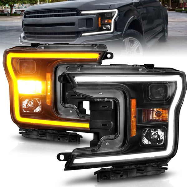 ANZO 2018-2020 Ford F-150 Projector Headlight w/ Plank Style Switchback  Black Housing