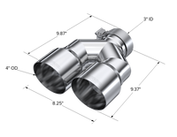 MBRP 3in ID / Dual 4in OD Out Staggered L 9.87in / R 9.37in Single Wall T304 SS Univ Exhaust Tip