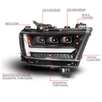 ANZO 19-24 RAM 1500 (New Body/OE Halogen) Full LED Proj Headlights DRL/SeqSig Black - Pass. Side