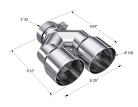 MBRP 3in ID / Dual 4in OD Out Staggered L 9.37in / R 9.87in Single Wall T304 SS Univ Exhaust Tip