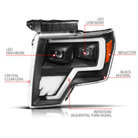 ANZO 09-14 Ford F-150 (Factory Halogen Model ONLY) Full LED Proj Headlights Init/SeqSig Black - Pair