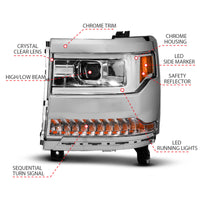 ANZO 16-18 Chevy Silverado1500 (Factory HID Models) LED Prj Light Bar Style Headlights Chrome - Pair