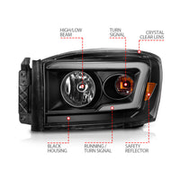 ANZO 06-09 Dodge RAM 1500/2500/3500 Headlights Black Housing/Clear Lens (w/Switchback Light Bars)